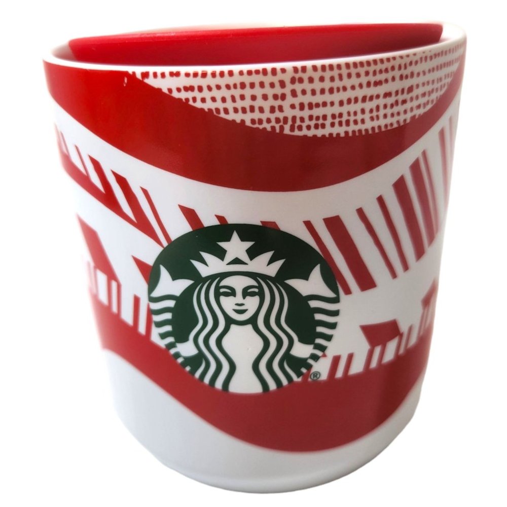 Starbucks 2021 Red White Candy Cane Christmas Ceramic Travel Coffee Mug 8-ounce.